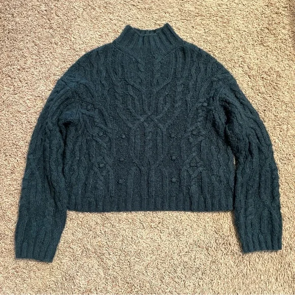 VINCE Interlaced Cable Knit Turtleneck Sweater Dark Malachite Sz M Alpaca Wool - Picture 4 of 15
